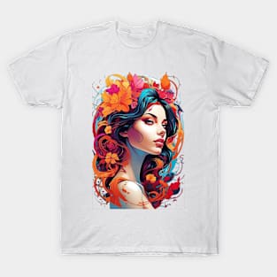 Women with Flowers in Her Hair: Blooming Beauty T-Shirt